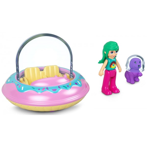 Polly Pocket - Véhicule Volant Donut avec Mini Poupée Kerstie et Chien