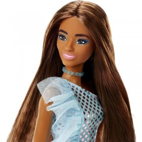 Poupée Barbie Brune en Mini Robe à Paillettes Ciel