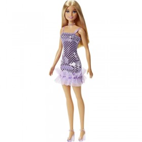 Poupée Barbie Blonde en Mini Robe à Paillettes Mauve