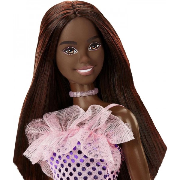 Poupée Barbie Brune en Mini Robe à Paillettes Rose