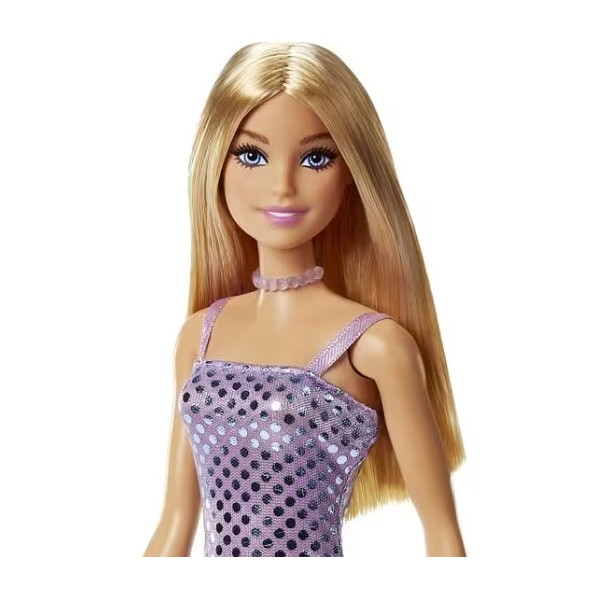 Poupée Barbie Blonde en Mini Robe à Paillettes Mauve
