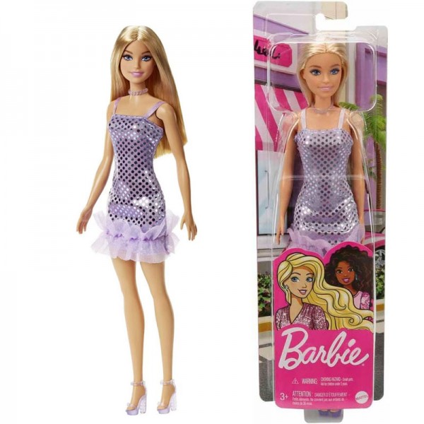 Poupée Barbie Blonde en Mini Robe à Paillettes Mauve