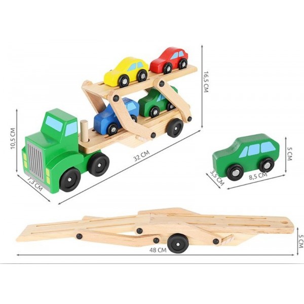 Camion de transport de voitures + 4 voitures en bois - 3 ans+