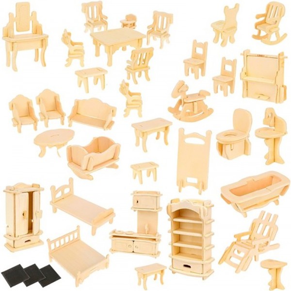 Accessoires de poupées en bois - 34 pièces à assembler