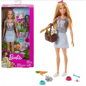 Poupée Barbie Blonde avec Lapin et Chiot