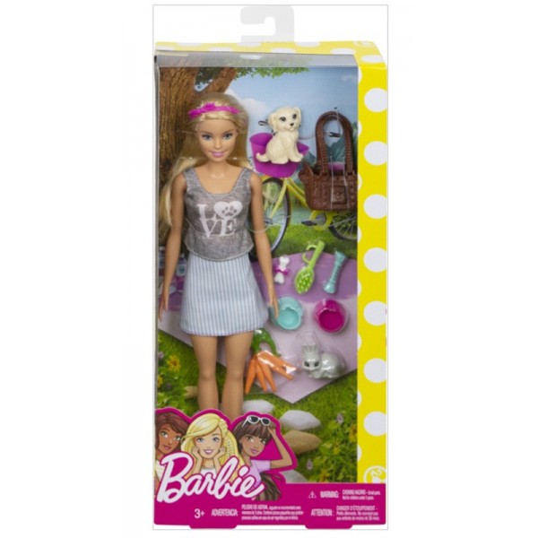 Poupée Barbie Blonde avec Lapin et Chiot